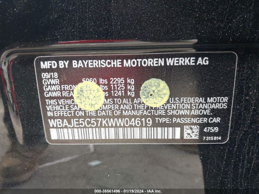 2019 BMW 540I WBAJE5C57KWW04619