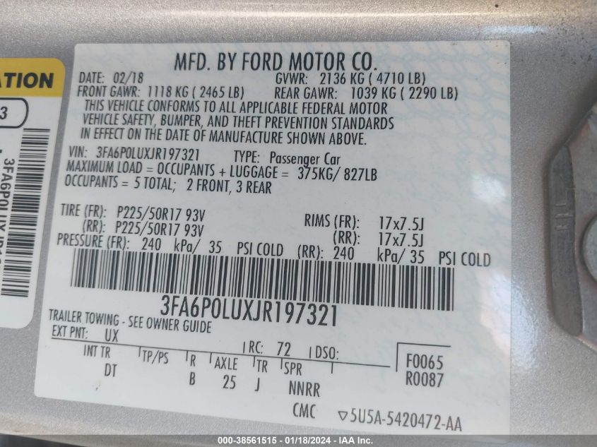 2018 FORD FUSION HYBRID SE - 3FA6P0LUXJR197321