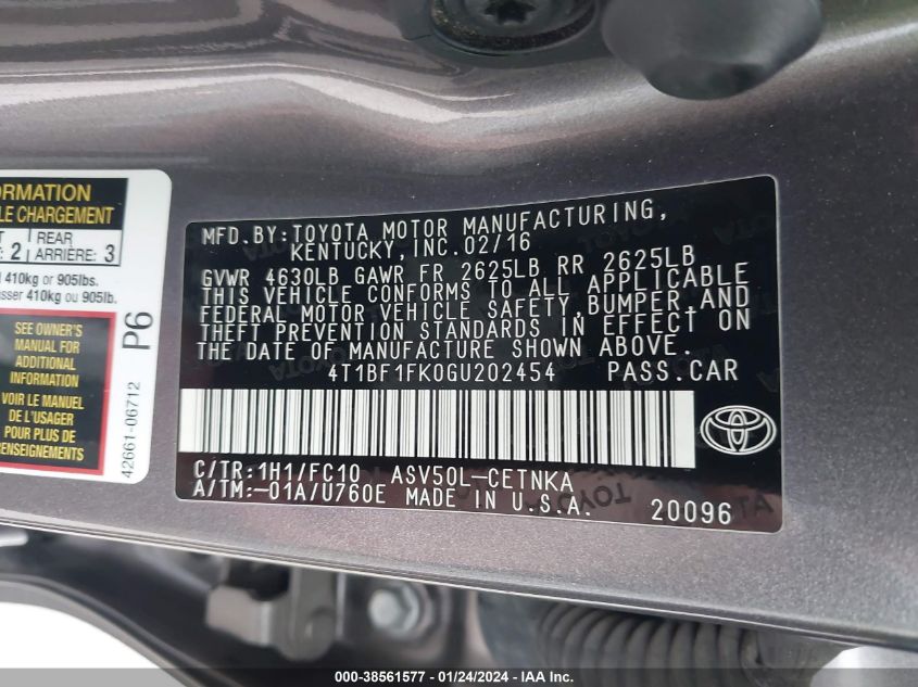 2016 TOYOTA CAMRY LE - 4T1BF1FK0GU202454