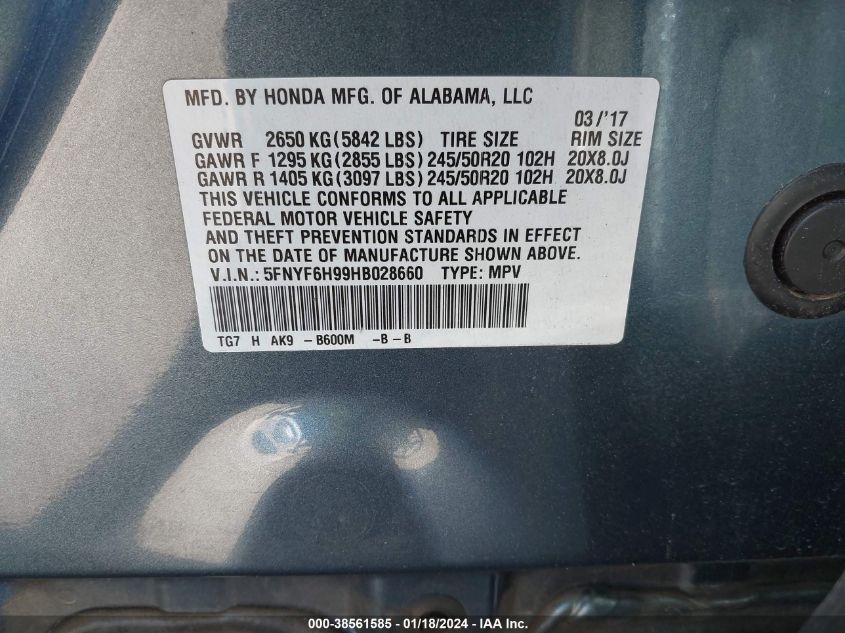 2017 HONDA PILOT TOURING - 5FNYF6H99HB028660