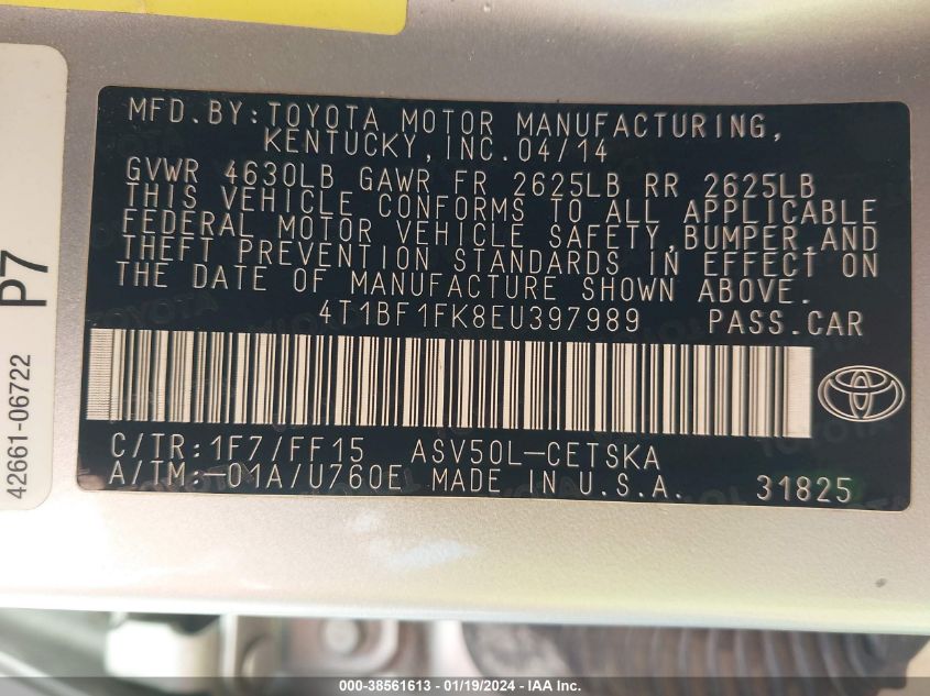 2014 TOYOTA CAMRY L/SE/LE/XLE - 4T1BF1FK8EU397989