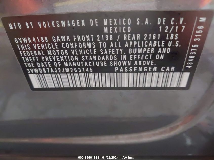 2018 VOLKSWAGEN JETTA SE/WOLFSBURG - 3VWDB7AJ2JM263145