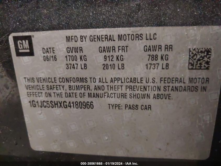 2016 CHEVROLET SONIC LT - 1G1JC5SHXG4180966