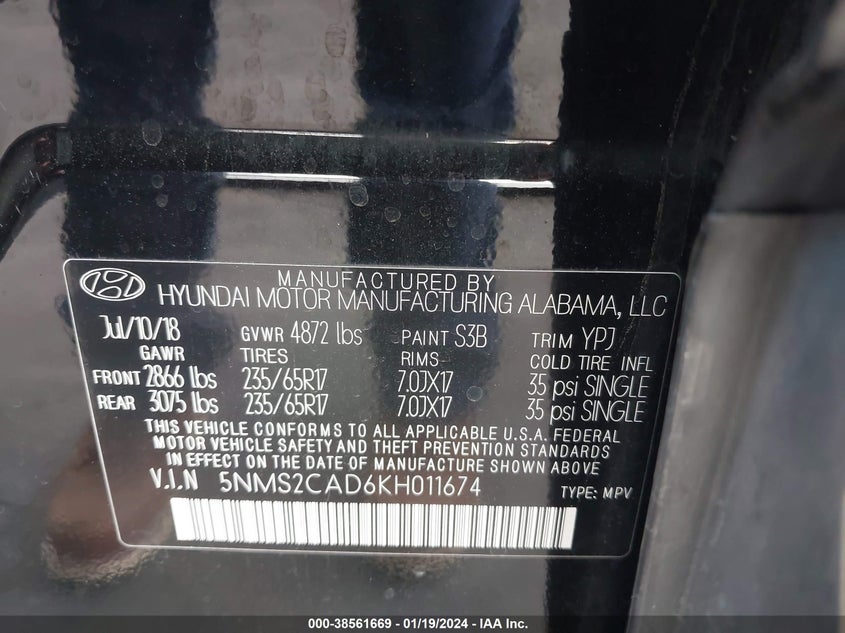 VIN 5NMS2CAD6KH011674 2019 HYUNDAI SANTA FE SE