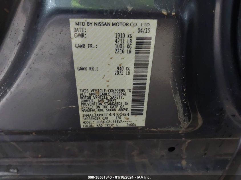 2015 NISSAN ALTIMA 2.5/2.5 S/2.5 SL/2.5 SV - 1N4AL3APXFC435064