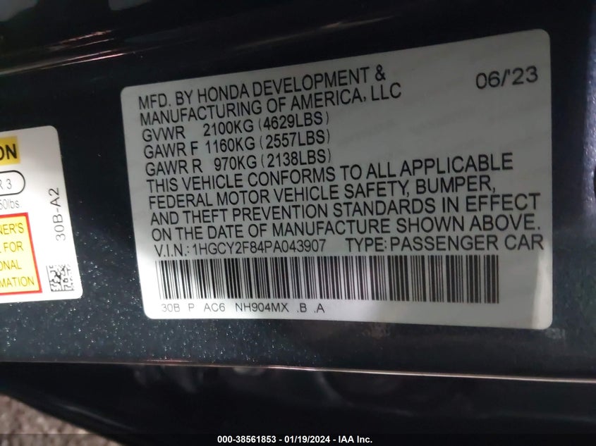 VIN 1HGCY2F84PA043907 2023 HONDA ACCORD HYBRID TOURING