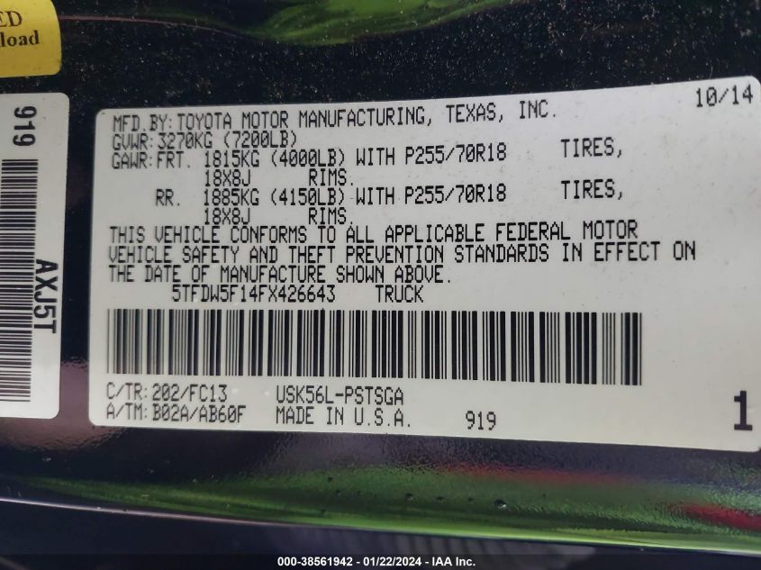 2015 TOYOTA TUNDRA CREWMAX SR5/TRD PRO - 5TFDW5F14FX426643