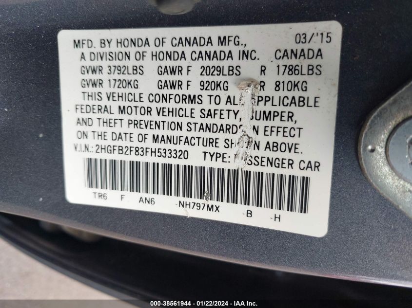 2015 HONDA CIVIC EX - 2HGFB2F83FH533320