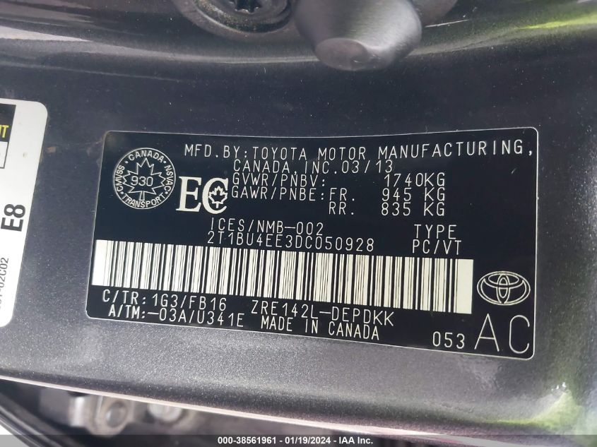 2013 TOYOTA COROLLA S/LE - 2T1BU4EE3DC050928