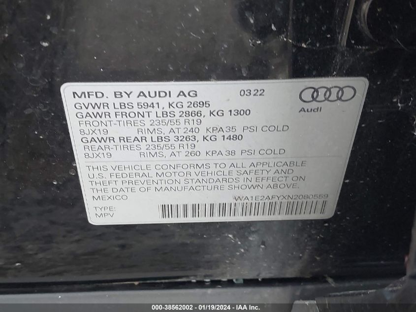 2022 AUDI Q5 PREMIUM PLUS 55 TFSI E S LINE QUATTRO S TRONIC - WA1E2AFYXN2080559