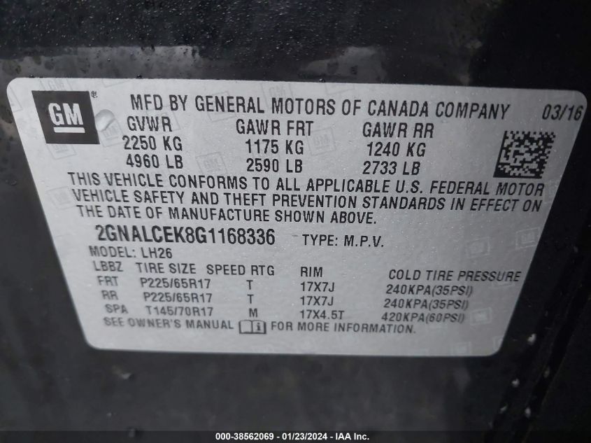 2016 CHEVROLET EQUINOX LT - 2GNALCEK8G1168336