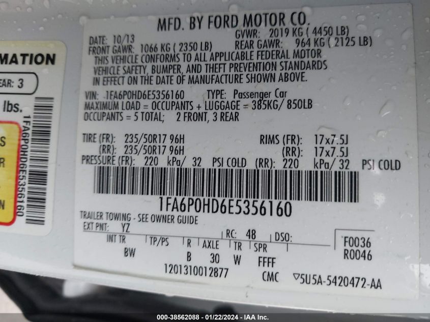 2014 FORD FUSION SE - 1FA6P0HD6E5356160