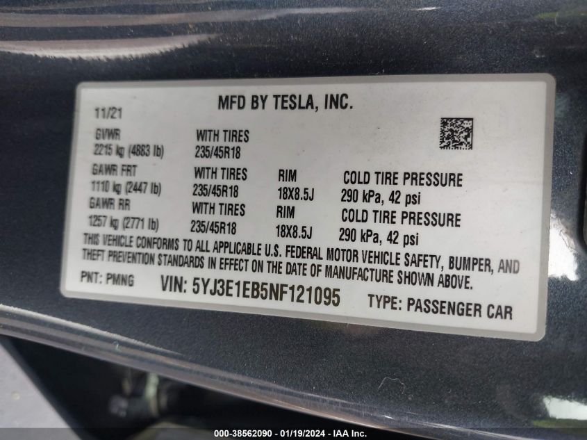 2022 TESLA MODEL 3 LONG RANGE DUAL MOTOR ALL-WHEEL DRIVE - 5YJ3E1EB5NF121095