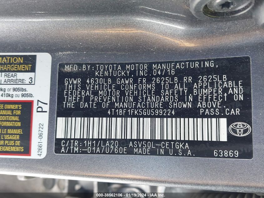 2016 TOYOTA CAMRY LE/XLE/SE/XSE - 4T1BF1FK5GU599224