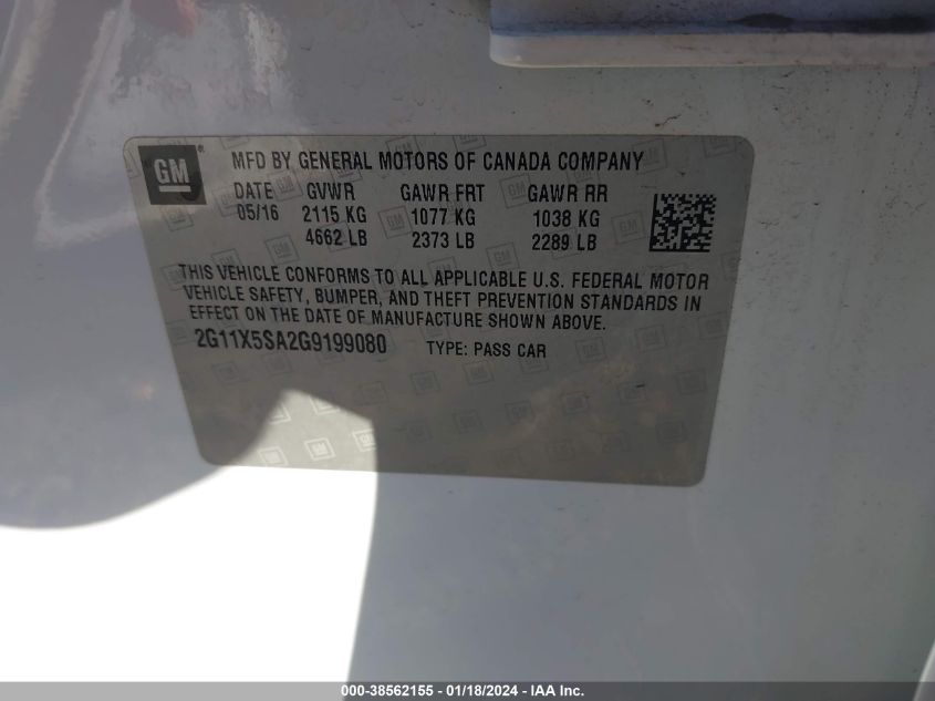 2016 CHEVROLET IMPALA 1FL - 2G11X5SA2G9199080