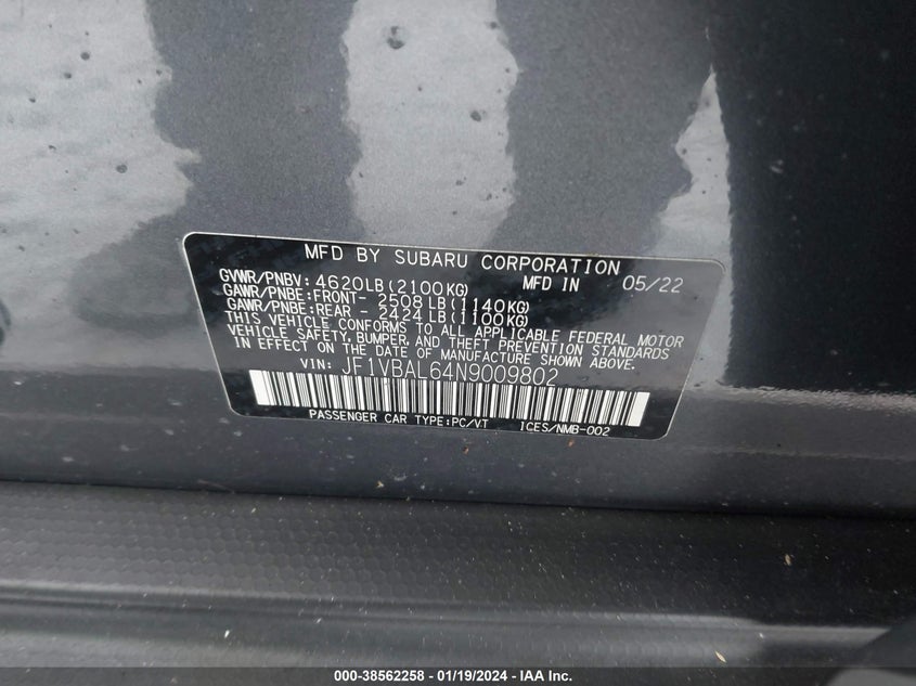 VIN JF1VBAL64N9009802 2022 SUBARU WRX LIMITED