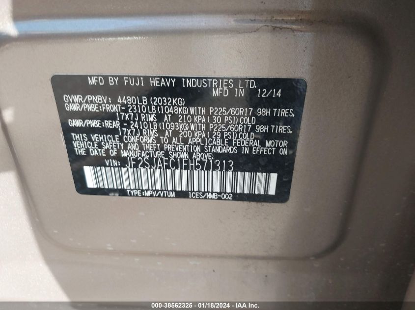 2015 SUBARU FORESTER 2.5I PREMIUM - JF2SJAFC1FH571313