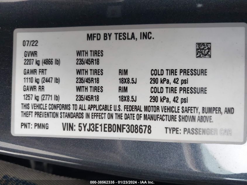 2022 TESLA MODEL 3 LONG RANGE DUAL MOTOR ALL-WHEEL DRIVE - 5YJ3E1EB0NF308678