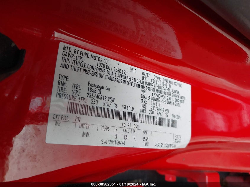 VIN 1FADP3L92HL262157 2017 FORD FOCUS ST