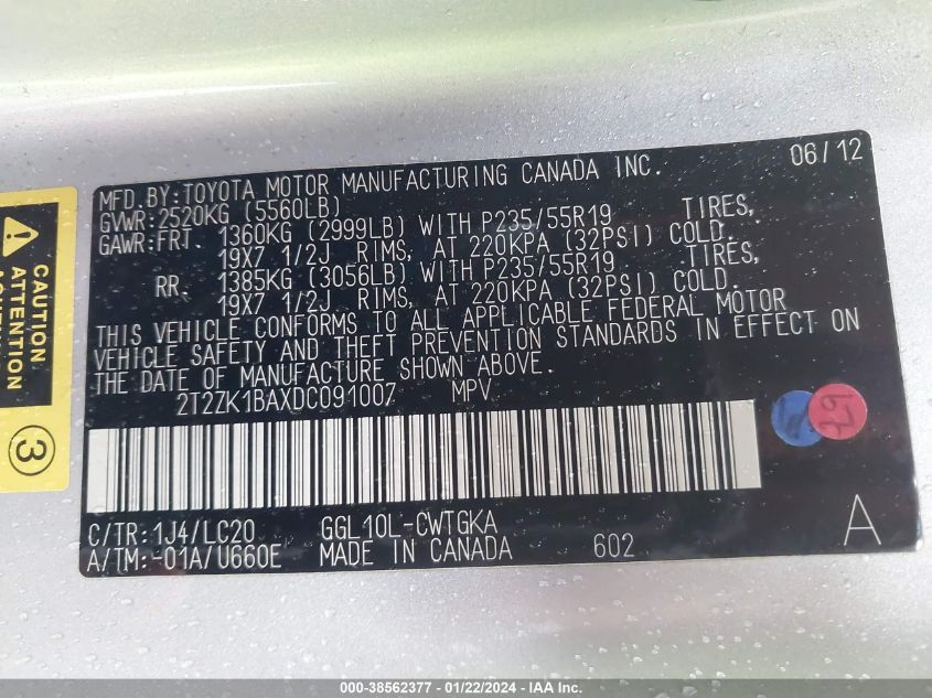 2013 LEXUS RX 350 350 - 2T2ZK1BAXDC091007