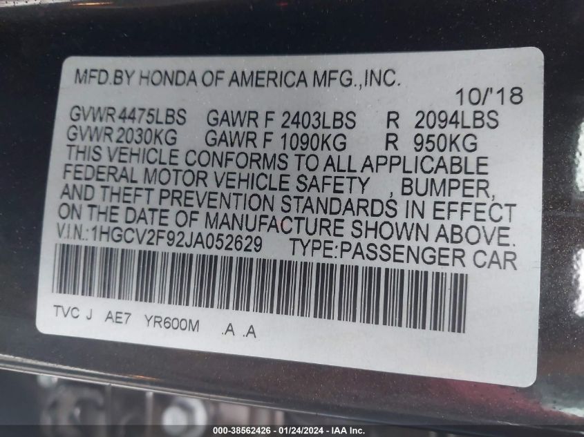 2018 HONDA ACCORD TOURING 2.0T - 1HGCV2F92JA052629