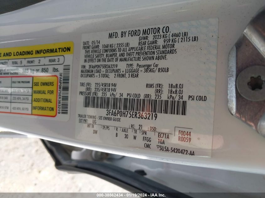 2014 FORD FUSION SE - 3FA6P0H75ER363219