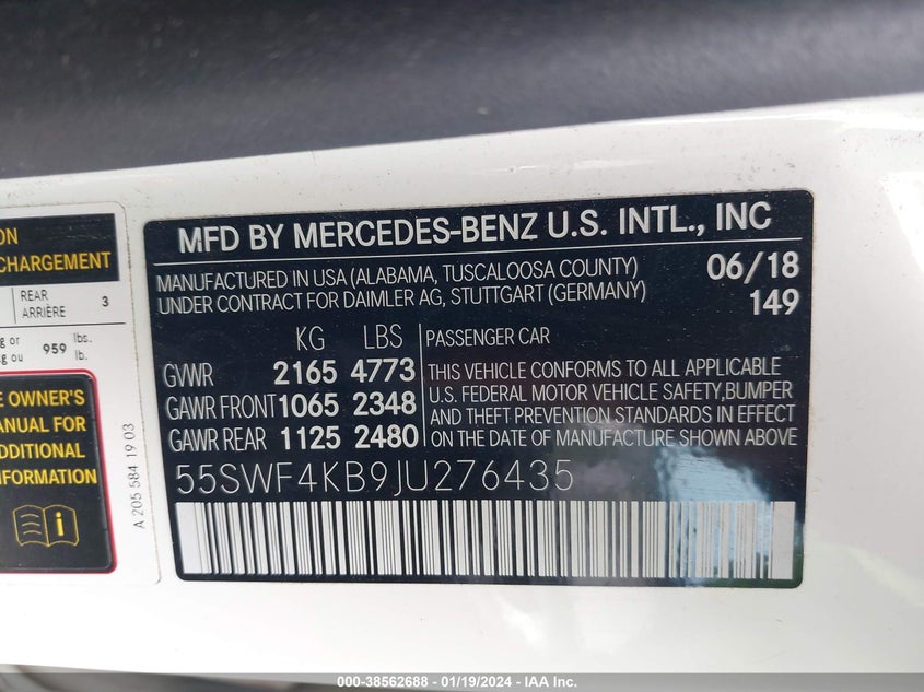 VIN 55SWF4KB9JU276435 2018 MERCEDES-BENZ C 300 4MATIC
