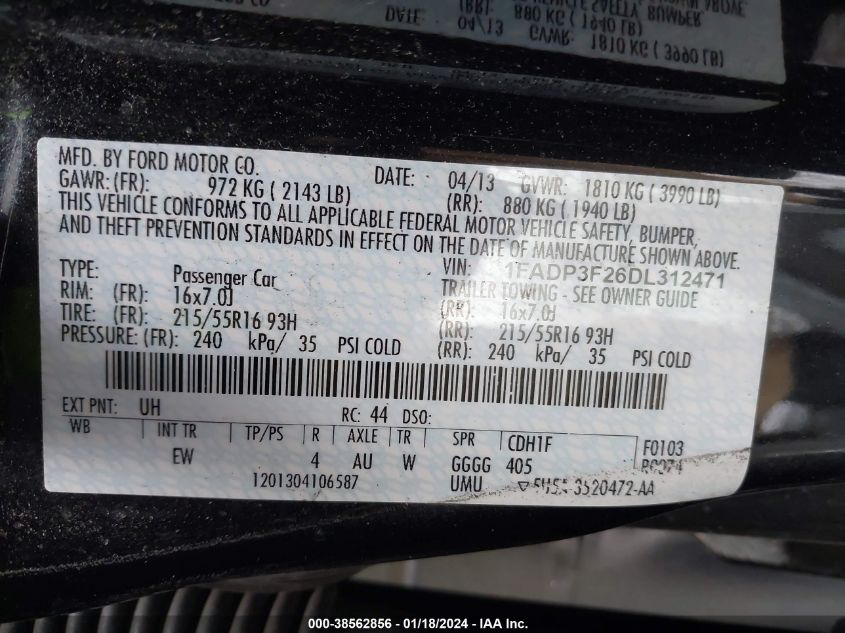 2013 FORD FOCUS SE - 1FADP3F26DL312471