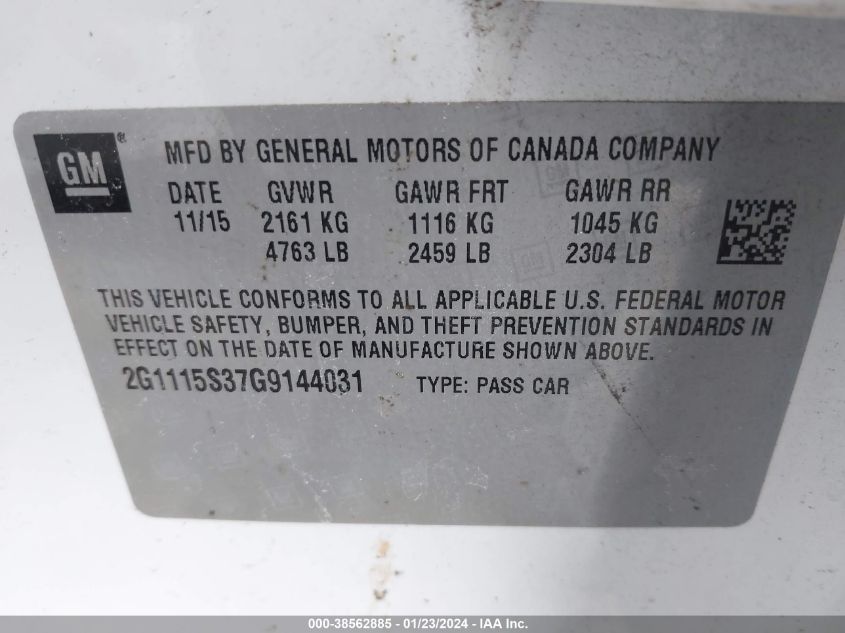 2016 CHEVROLET IMPALA 2LT - 2G1115S37G9144031