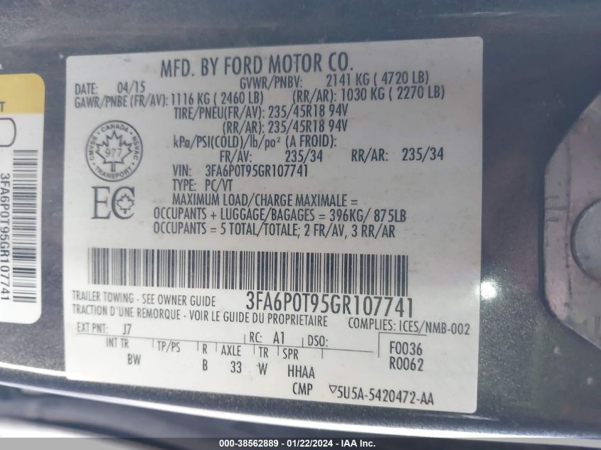 3FA6P0T95GR107741 | 2016 FORD FUSION