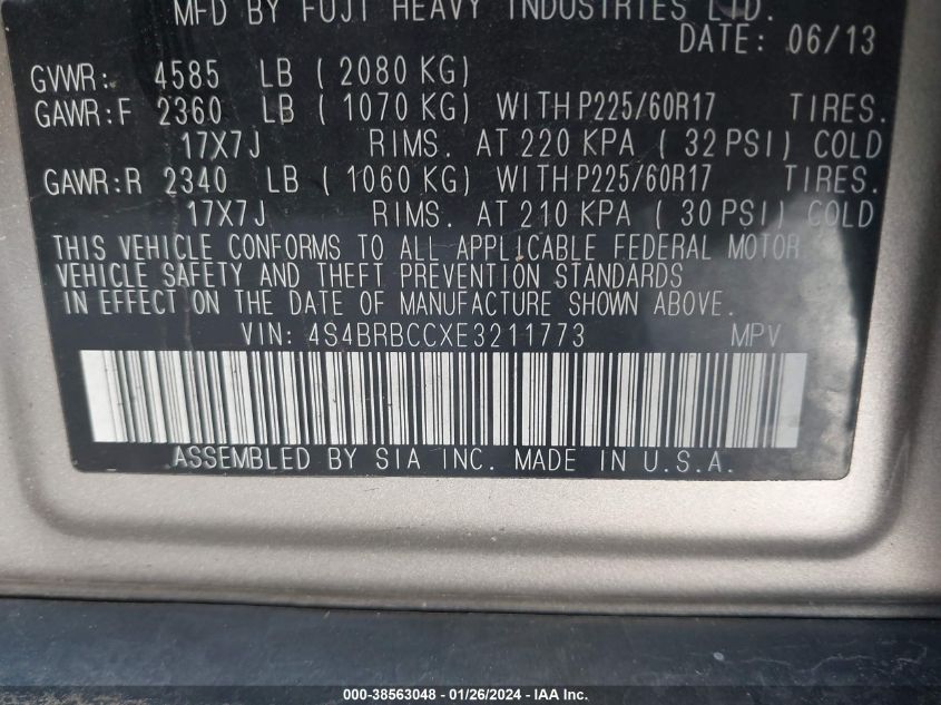 2014 SUBARU OUTBACK 2.5I PREMIUM - 4S4BRBCCXE3211773