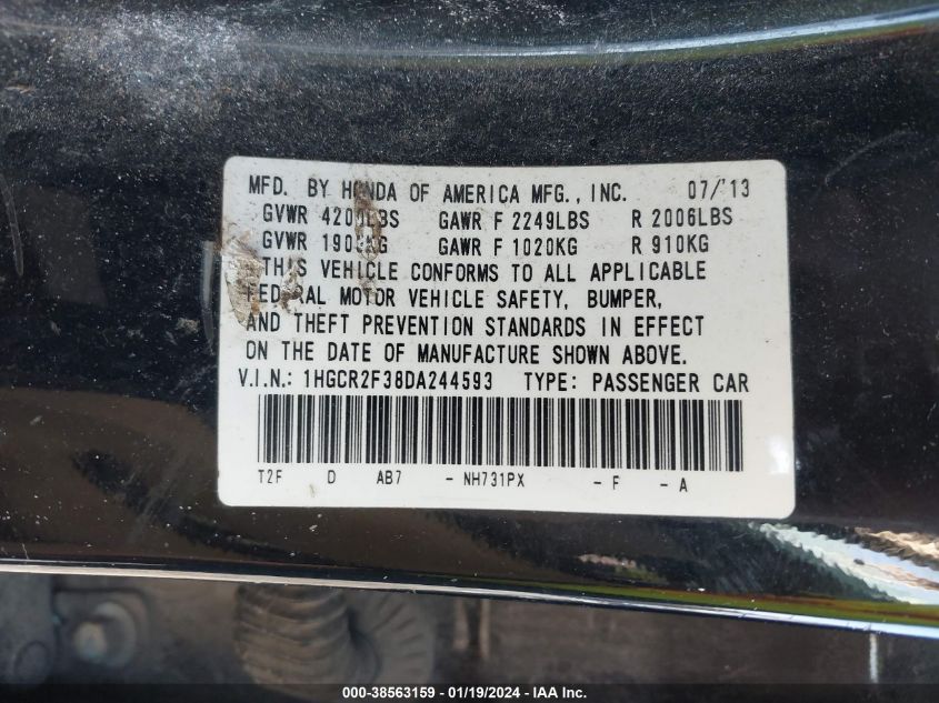 2013 HONDA ACCORD LX - 1HGCR2F38DA244593