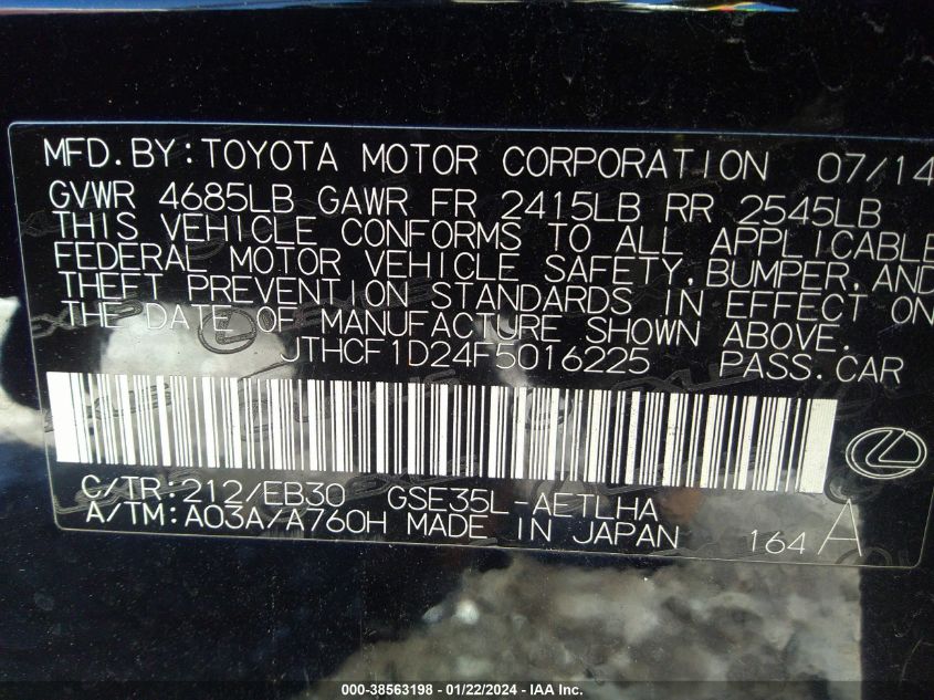2015 LEXUS IS 250 - JTHCF1D24F5016225