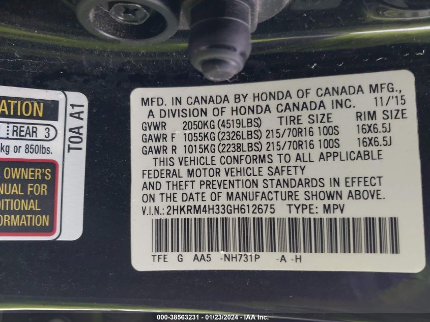 2016 HONDA CR-V LX - 2HKRM4H33GH612675