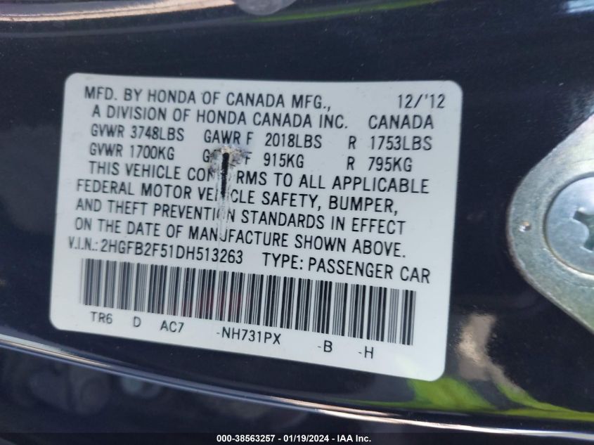 2013 HONDA CIVIC LX - 2HGFB2F51DH513263