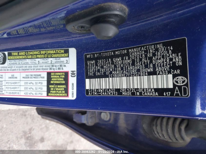 2015 TOYOTA COROLLA S PREMIUM - 2T1BURHE7FC257804