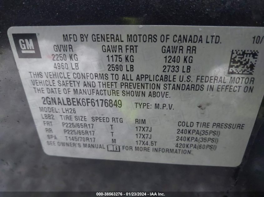 2015 CHEVROLET EQUINOX LT - 2GNALBEK6F6176849