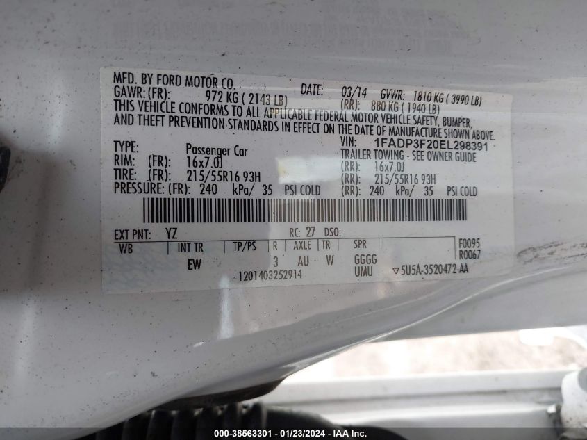 2014 FORD FOCUS SE - 1FADP3F20EL298391