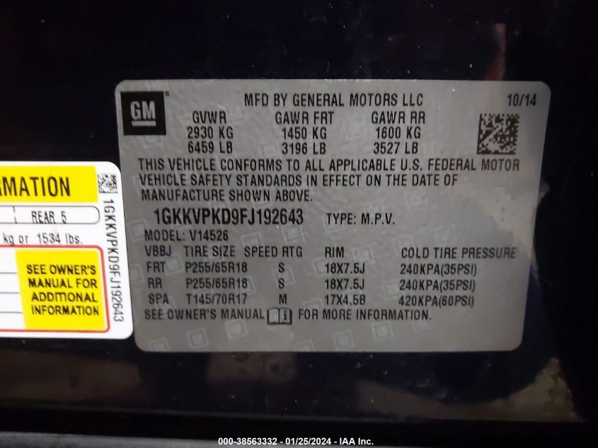2015 GMC ACADIA SLE-2 - 1GKKVPKD9FJ192643