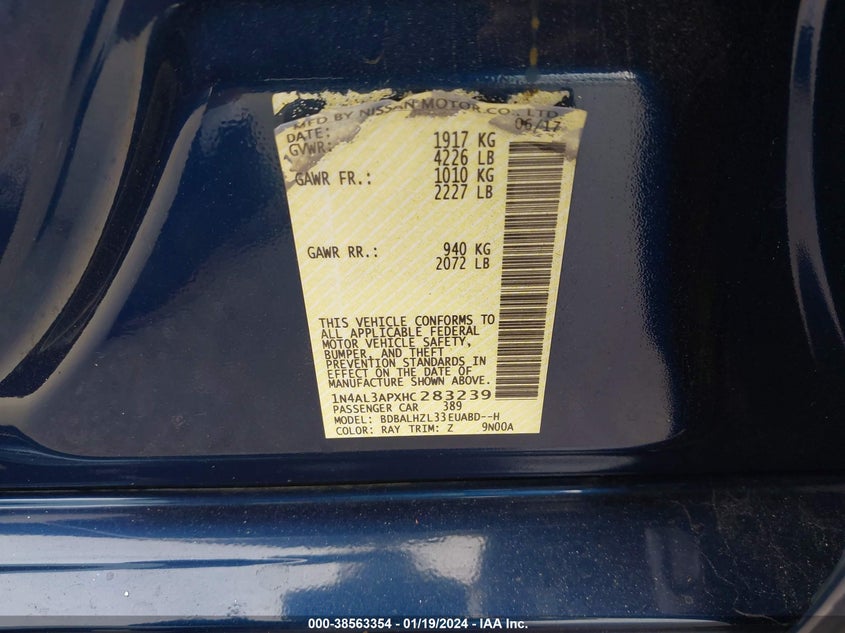 VIN 1N4AL3APXHC283239 2017 NISSAN ALTIMA 2.5/S/SV/SL/SR