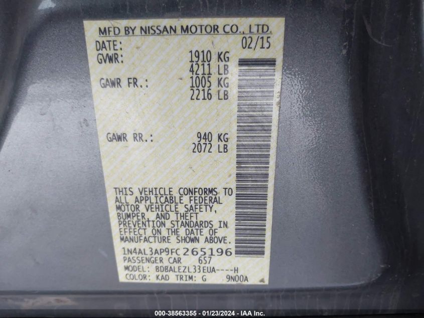 2015 NISSAN ALTIMA 2.5/S/SV/SL - 1N4AL3AP9FC265196