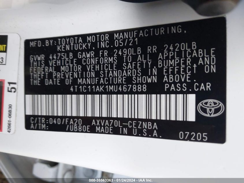 2021 TOYOTA CAMRY LE - 4T1C11AK1MU467888