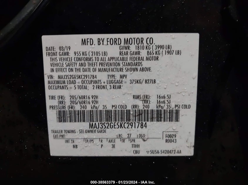 VIN MAJ3S2GE5KC291784 2019 FORD ECOSPORT SE