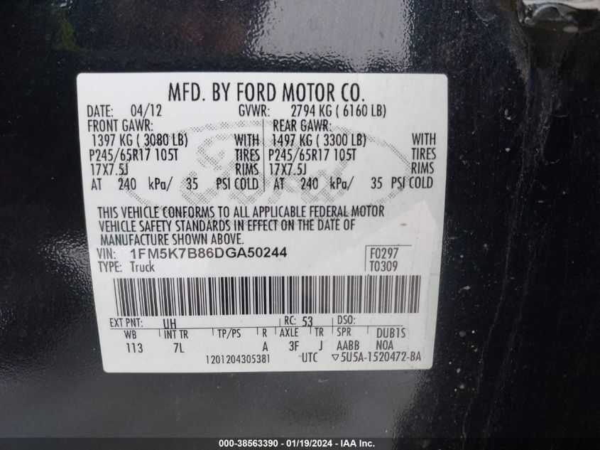 2013 FORD EXPLORER - 1FM5K7B86DGA50244