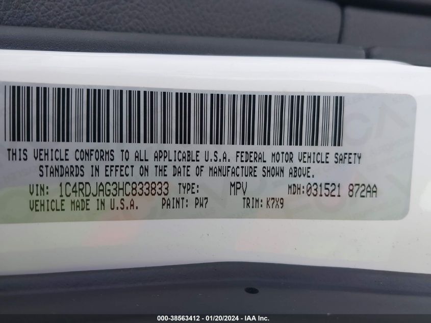 2017 DODGE DURANGO SXT - 1C4RDJAG3HC833833