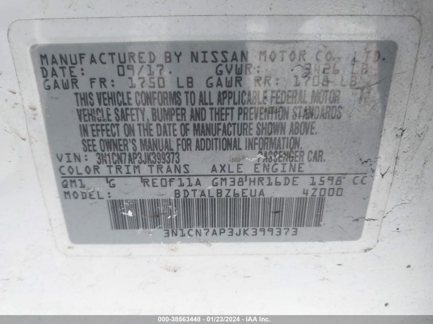 2018 NISSAN VERSA 1.6 SV - 3N1CN7AP3JK399373