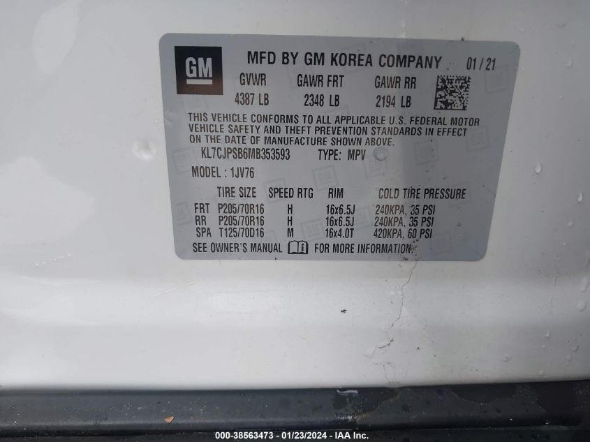 2021 CHEVROLET TRAX 1LT - KL7CJPSB6MB353593