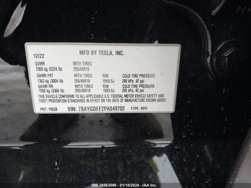 2023 TESLA MODEL Y AWD/PERFORMANCE DUAL MOTOR ALL-WHEEL DRIVE - 7SAYGDEF2PA049702