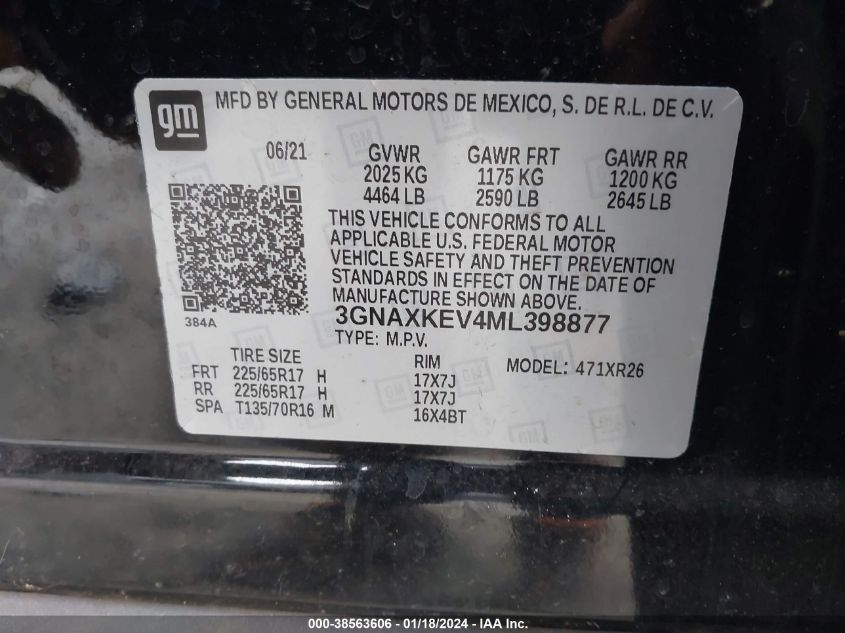 2021 CHEVROLET EQUINOX FWD LT - 3GNAXKEV4ML398877