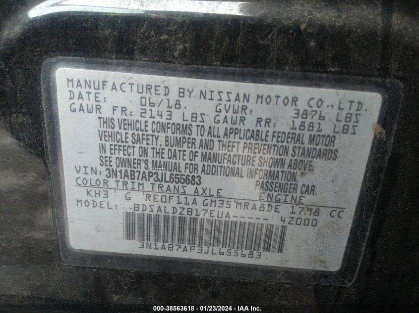 2018 NISSAN SENTRA SV - 3N1AB7AP3JL655683